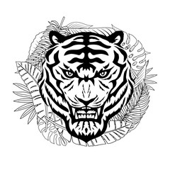 Angry tiger and tropical leaves on a white background.