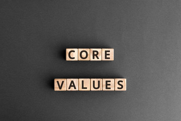 Core values - word from wooden blocks with letters, fundamental beliefs core values concept,  top...