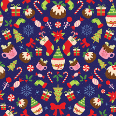 Christmas seamless pattern with sweet dessert arranged reflected, geometrical style on starry blue background.