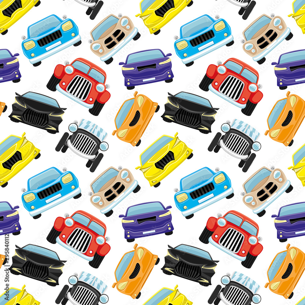 Poster seamless pattern with colored cars on a white background.