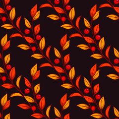 Floral seamless pattern with autumn branches, leaves and berries on dark red background. Autumn design for fabric, wallpaper, textile, package, tablecloth, web design.