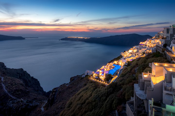 The capital of the island of Santorini Fira at twilight.
