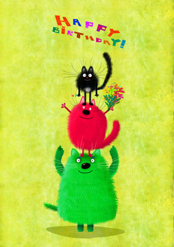 Birthday Card Three Colorful Cats With Flower