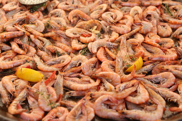 Shrimps background texture. A lot of sea shrimp. Sea food. Cooked shrimps. Copy space