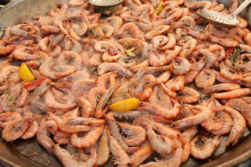 Shrimps background texture. A lot of sea shrimp. Sea food. Cooked shrimps. Copy space