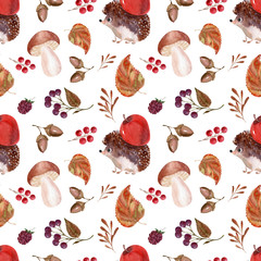 Watercolor background Autumn motifs with funny characters