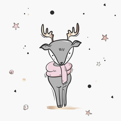 Childish deer cute cartoon illustration sketch. Nursery print, Creative winter Christmas scandinavian style kids texture for fabric, wrapping, textile, wallpaper, apparel. Vector illustration