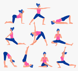 Various yoga poses set. Female yoga vector illustration. Healthy lifestyle.