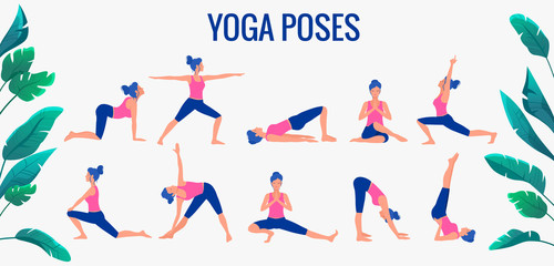 Various yoga poses set. Female yoga vector illustration. Healthy lifestyle. - 295844363