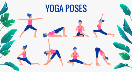 Various yoga poses set. Female yoga vector illustration. Healthy lifestyle.