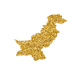 Vector isolated illustration with simplified Pakistan map. Decorated by shiny gold glitter texture. New Year and Christmas holidays' decoration for greeting card