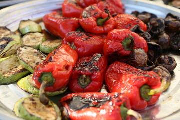 Delicious vegetable on grill. Vegan cuisine: Grilled mixed vegetables. 