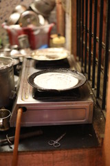 cooking dosa in kitchen, India. South Indian vegetarian, traditional and popular breakfast.