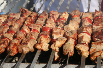 Mixed grilled meat platter. Assorted delicious grilled meat. The closeup of some meat skewers being grilled in a barbecue. grilled meat skewers, barbecue.