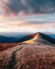 Vue sur les collines herbeuses avec chemin dans les montagnes des Carpates rougeoyant par la lumière du soleil du soir. Scène de printemps dramatique