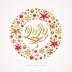 New Year greeting illustration. 2020 year - glitter gold flourishes calligraphy logo in frame which is made from holiday decor. Vector design for greeting card, invitation, calendar and etc.