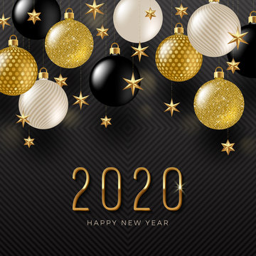 2020 new year logo and holiday decorations. Greeting design with glitter baubles and golden stars. Design for greeting card, invitation, calendar, etc.