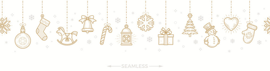 Materiał do szycia Christmas greeting design. Horizontal seamless pattern with holiday signs and symbols hanging on white background, Vector illustration.