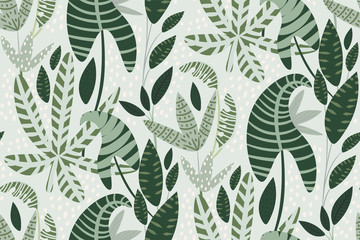 Tropical leaves on a light background. Botanical backdrop with exotic plants. Floral seamless pattern. Fashionable print in pastel colors. Wallpaper. Hand vector illustration. Modern design.