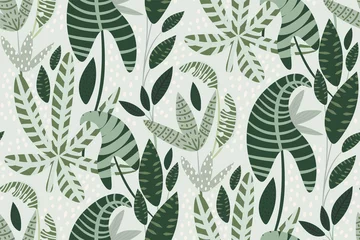 Printed kitchen splashbacks Pastel Tropical leaves on a light background. Botanical backdrop with exotic plants. Floral seamless pattern. Fashionable print in pastel colors. Wallpaper. Hand vector illustration. Modern design.