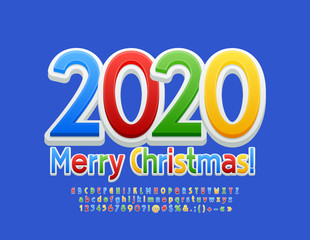 Vector bright Greeting Card Merry Christmas 2020! Stylish Kids Font. Creative Alphabet Letters and Numbers. 