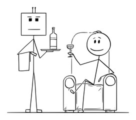 Vector cartoon stick figure drawing conceptual illustration of rich man sitting in armchair or chair, with glass in hand and robot as his servant or valet in standing near and holding bottle on tray.