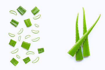 Aloe Vera cut pieces with slices on white background. Copy space