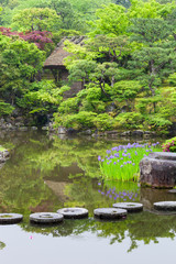 Fototapeta na wymiar Circular stepping stones across a pond in a traditional Japanese garden. Selective focus on stones.