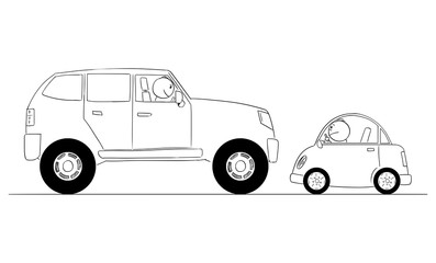 Vector cartoon stick figure drawing conceptual illustration of comparison of big and small car or expensive and cheap vehicles or rich and poor drivers.