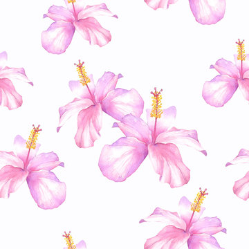 Tropical seamless pattern with hibiscus flowers on a white background for the design and production of textiles and paper, printing.