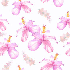 Beautiful tropical seamless pattern with hibiscus and lavender on white background.