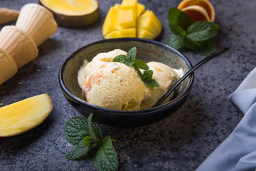 Close up bowl with vanilla ice cream covered with caramel sauce and fresh mango fruit on dark background. Selective focus. Summer dessert