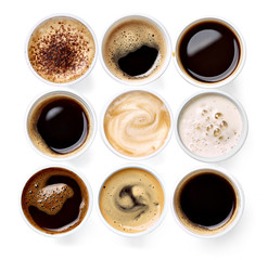 collection of various coffee drinks on white background
