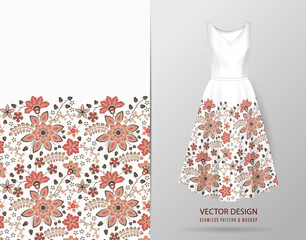 Seamless vector fashion background. Women's long dress mock up with bright seamless hand drawn pattern for textile, paper print. Isolated white dress with floral pattern.