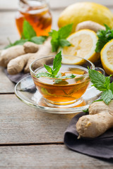 Ginger tea with lemon, mint and honey for flu cold