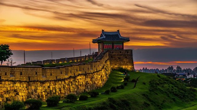 Time lapse,Sunset at Hwaseong Fortress in Suwon , Hwaseong Fortress is the wall surrounding the center of Suwon,South Korea.