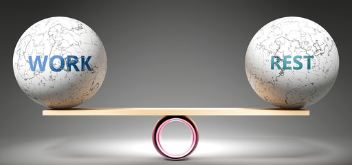 Work and rest in balance - pictured as balanced balls on scale that symbolize harmony and equity between Work and rest that is good and beneficial., 3d illustration