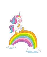 Cute little smiling unicorn, clouds and a rainbow bridge isolated on white
