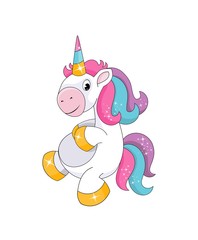 Cute little smiling unicorn isolated on white background. Kids drawing style