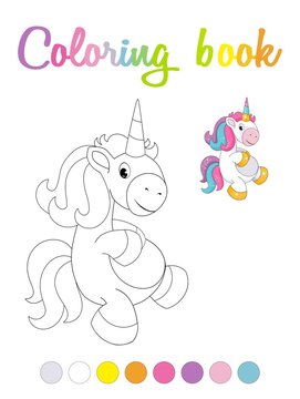 Cute cartoon smiling unicorn coloring book page