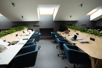 Empty co-working workplace modern open space no people