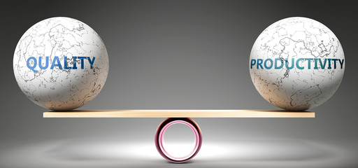 Quality and productivity in balance - pictured as balanced balls on scale that symbolize harmony and equity between Quality and productivity that is good and beneficial., 3d illustration - obrazy, fototapety, plakaty
