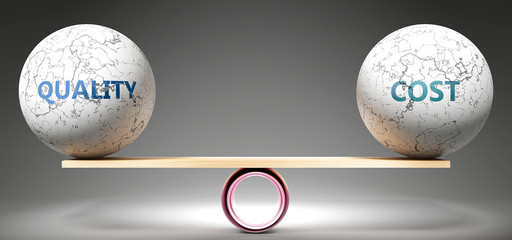 Quality and cost in balance - pictured as balanced balls on scale that symbolize harmony and equity between Quality and cost that is good and beneficial., 3d illustration
