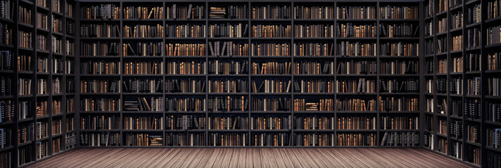 Fototapeta Bookshelves in the library with old books 3d render 3d illustration obraz