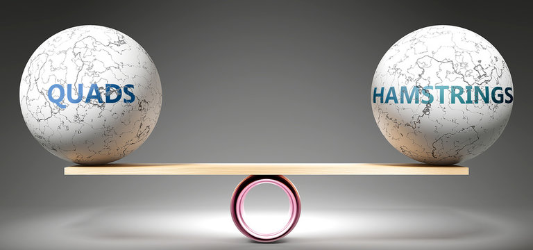 Quads and hamstrings in balance - pictured as balanced balls on scale that symbolize harmony and equity between Quads and hamstrings that is good and beneficial., 3d illustration