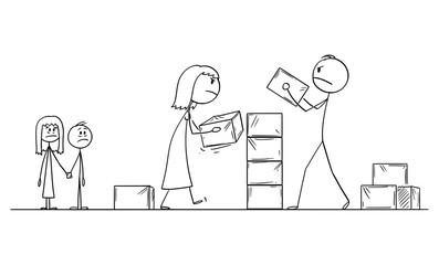 Vector cartoon stick figure drawing conceptual illustration of couple of man and woman building wall between them. Children are watching it.Concept of relationship and divorce.