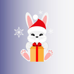 Bunny with a gift in a Christmas cap. Icon. Stiker. Vector. Flat.