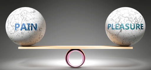 Pain and pleasure in balance - pictured as balanced balls on scale that symbolize harmony and equity between Pain and pleasure that is good and beneficial., 3d illustration - obrazy, fototapety, plakaty