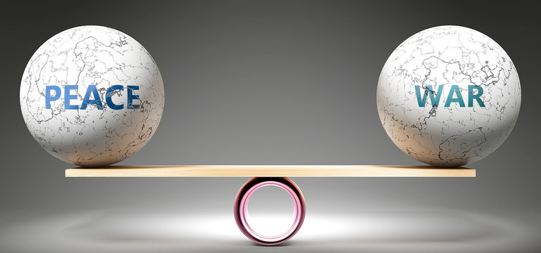 Peace and war in balance - pictured as balanced balls on scale that symbolize harmony and equity between Peace and war that is good and beneficial., 3d illustration