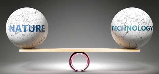 Nature and technology in balance - pictured as balanced balls on scale that symbolize harmony and equity between Nature and technology that is good and beneficial., 3d illustration